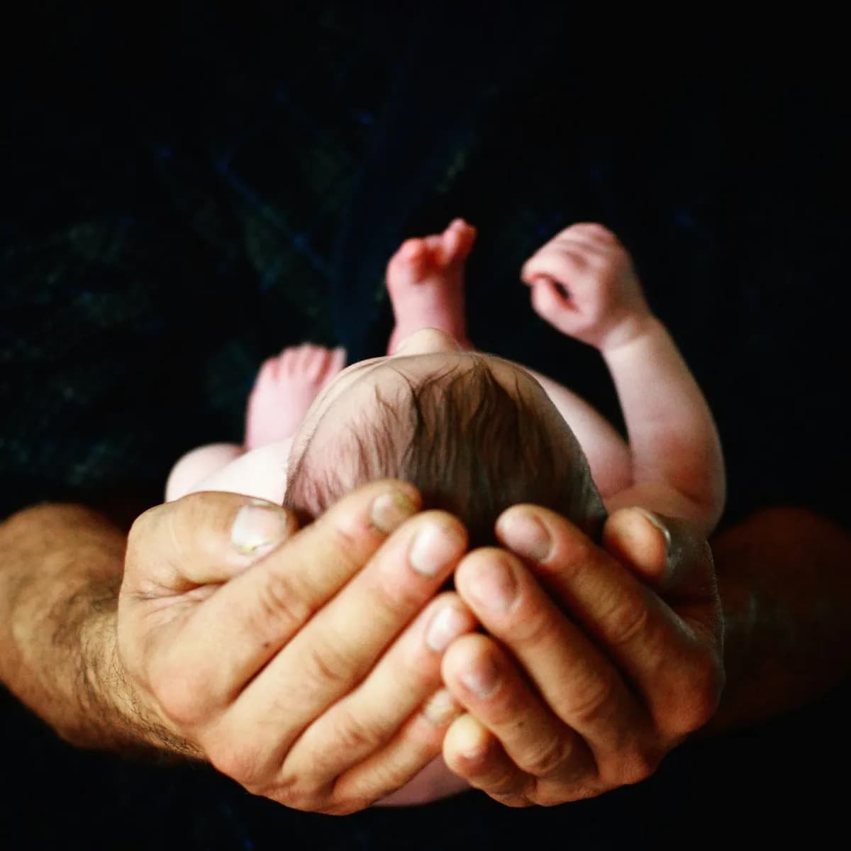 Newborn cradled in a parent's hands